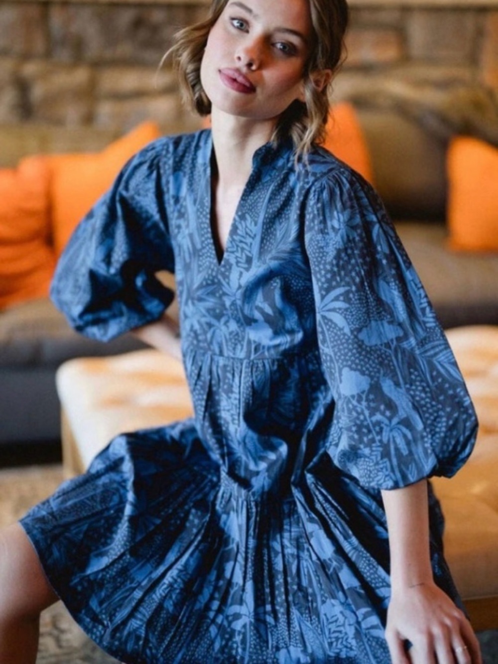 Blue Patterned Mini Dress with Puff Sleeves